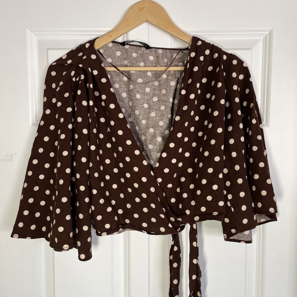 Zara Women's Polka Dot Crop Top Brown And White Tie Wrap Size Medium